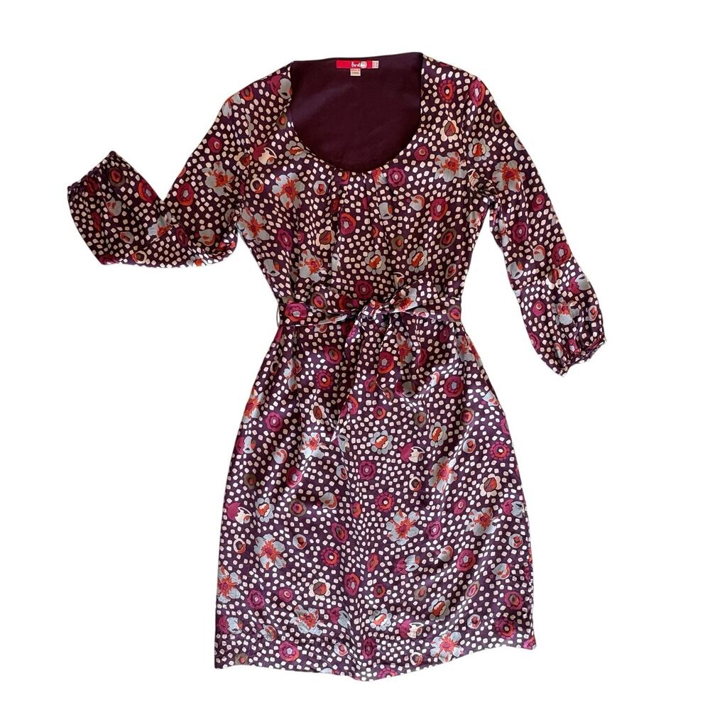 Boden 100% Silk Belted Shift Dress Purple Abstract Polka Dot Colorful 8 Long